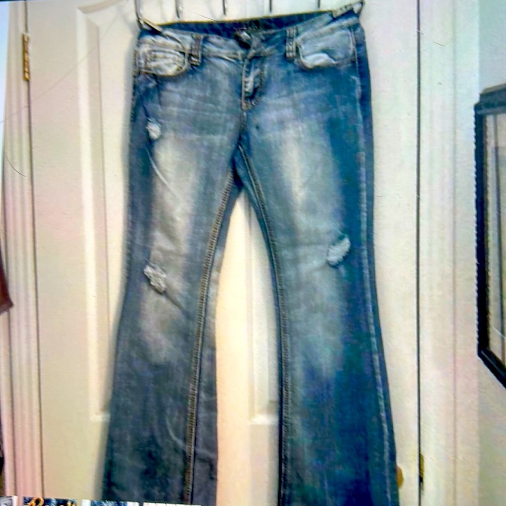 Revolt bootcut embroidered medium wash distressed jeans
